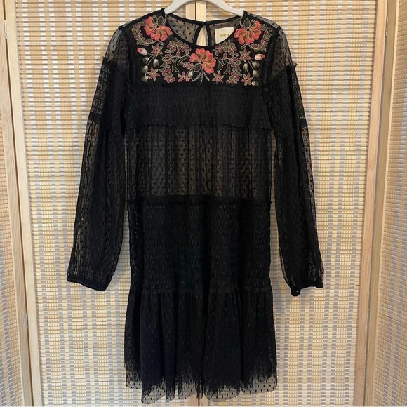 Maeve Floral Dress Women’s S Embroidered Whimsigoth Sheer Smocked Black Lace - Picture 3 of 13